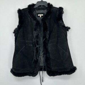 Yvonne & Marie Rabbit Fur Trim Vest Leather Womens 14 Black Boho Winter Sassy